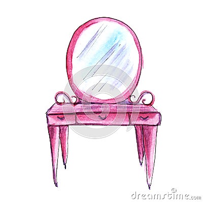 Pink bedroom furniture. Dressing table. Hand-drawn watercolor illustration. Isolated on white background Cartoon Illustration