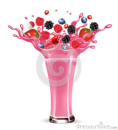 Pink berry juice splash. Whole and sliced strawberry, raspberry, cherry blueberry and lychee in a sweet juce or cocktail with Vector Illustration