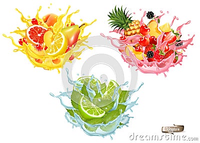 Pink berry tea splash. Whole and sliced strawberry, raspberry, cherry, blackberry, peach and leaf of mint in fruit tea with Vector Illustration