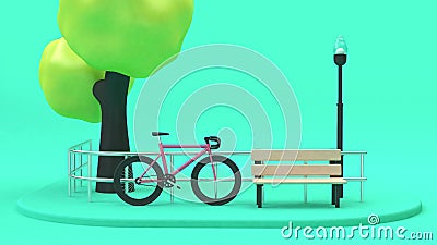 pink bicycle street green tree-parks,going transportation city concept 3d rendering with chair lamp fence Stock Photo