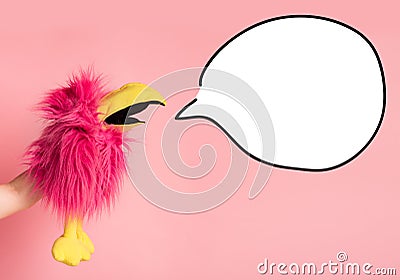 Pink bird in hand cry to white bubble for advertisement text Stock Photo