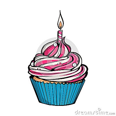 Pink birthday cupcake with burning candle Stock Photo