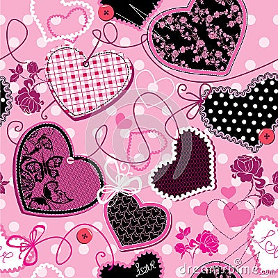 Pink and black Hearts - seamless pattern Vector Illustration