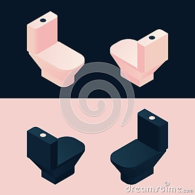 Pink and black isometric toilet. Bathroom furniture collection in various foreshortening Stock Photo