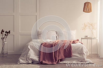 Pink blanket on white bed in minimal bedroom interior with lamp above table with plant Stock Photo