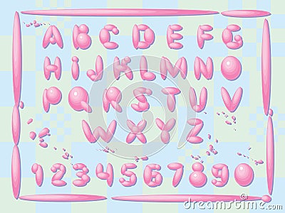 Pink blobs, a complete alphabet, on a decorative background with colored checkerboard squares Vector Illustration