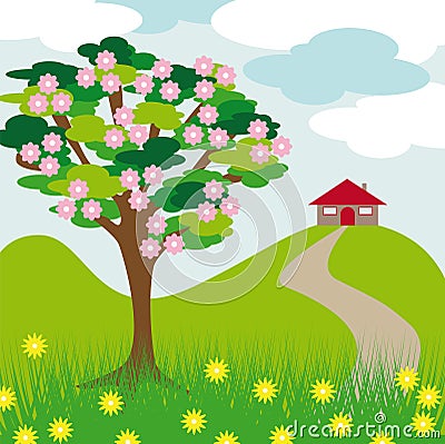 Pink blossom tree hill and house Vector Illustration