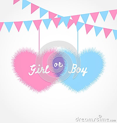 Pink and blue baby shower in form hearts with hanging pennants Vector Illustration