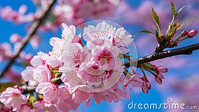 Pink blue background with cherry blossom tree macro detail Stock Photo