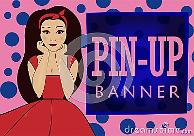 pink and blue banner with space for text in the style of pin-up . Funny brunette woman in a red dress. Stock Photo