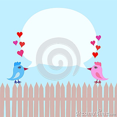 Pink and Blue Birds On Fence with Hearts and Speech Bubble ober Vector Illustration