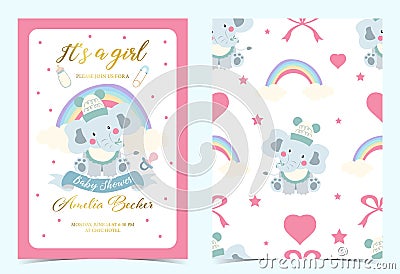 Pink blue birthday invitation with pacifier,bottle,milk ,cloth,heart and elephant Vector Illustration