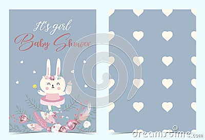 Pink blue birthday invitation with rabbit, heart, flower, feather, boho and rose Vector Illustration