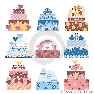 Pink and blue cakes for Princess and young Hero. Birthday cakes for celebration. Decorated sweet cakes collection isolated on Stock Photo