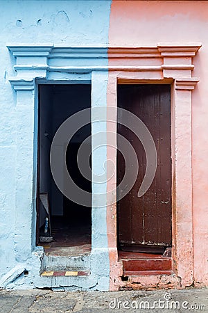 Pink and blue cartagena doors Stock Photo