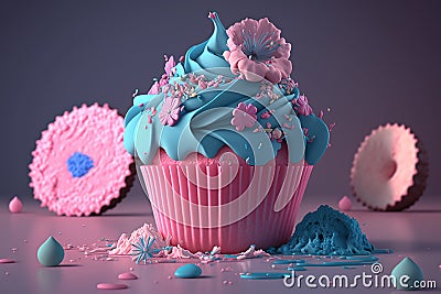 A pink and blue cupcake with a pink frosting and toppings on it and scattered pink flowers Generative AI technology Stock Photo
