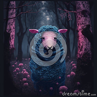 Pink-blue cute ship in the dark mystical forest Cartoon Illustration