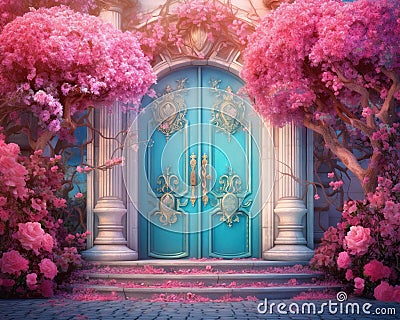 Pink and blue fantasy door background with colorful flowers. Cartoon Illustration