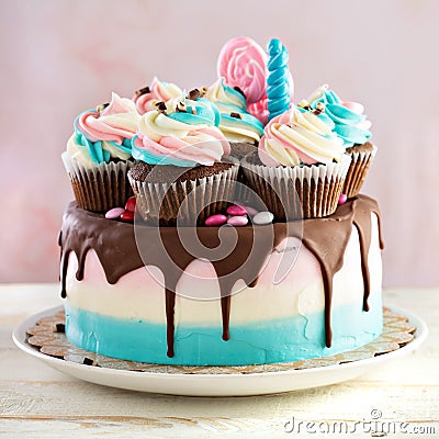 Pink and blue festive cake Stock Photo