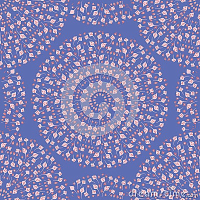 Pink and blue flowers and leaves medallion seamless vector pattern Vector Illustration