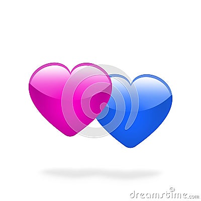 Pink and blue hearts together. Isolated white background. Stock Photo