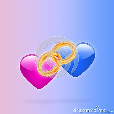 Pink and blue hearts together. Linked gold wedding rings. Stock Photo