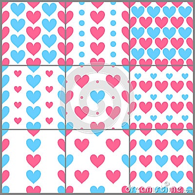 Pink and blue heats cimple seamless patterns set, vector Vector Illustration