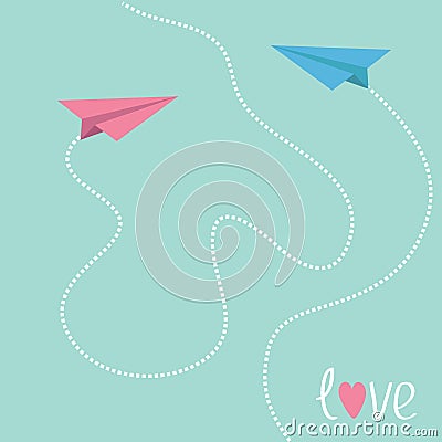 Pink and blue origami paper planes. Dash heart in Vector Illustration