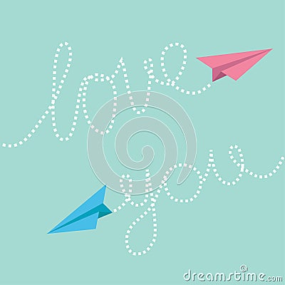 Pink and blue origami paper planes. Dash line text Love you in the sky. Greeting card. Flat design. Vector Illustration