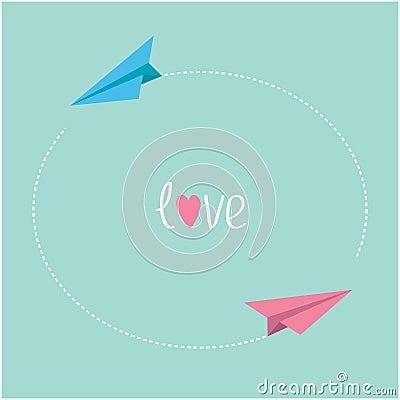 Pink and blue origami paper planes. Round dash Vector Illustration