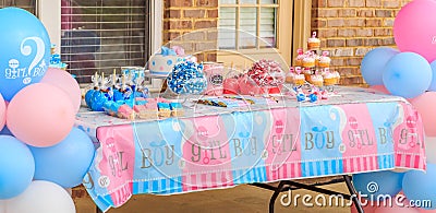 Pink and Blue, Outdoor Gender Reveal Party Decorations Stock Photo