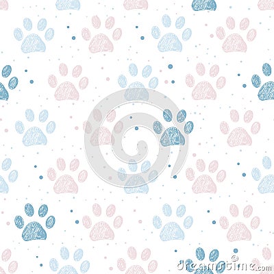 Pink and blue paw prints seamless fabric design pattern Vector Illustration