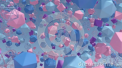 Pink, blue, purple polyhedrons. Blue background. Abstract illustration, 3d render. Cartoon Illustration