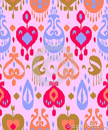 Pink blue and red colorful ikat asian traditional fabric seamless pattern, vector Vector Illustration