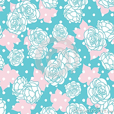 Pink blue rose garden with dots seamless vector repeat pattern Vector Illustration