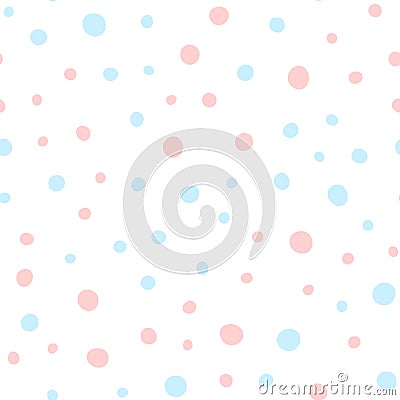 Pink and blue round spots on white background. Cute seamless pattern. Irregular polka dots. Vector Illustration