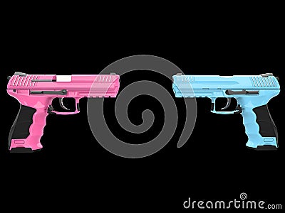 Pink and blue semi auto handguns - face to face Stock Photo