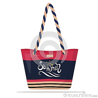 Pink and blue striped summer beach bag decorated with hand-lettering summer. Realistic vector illustration. Isolated Vector Illustration