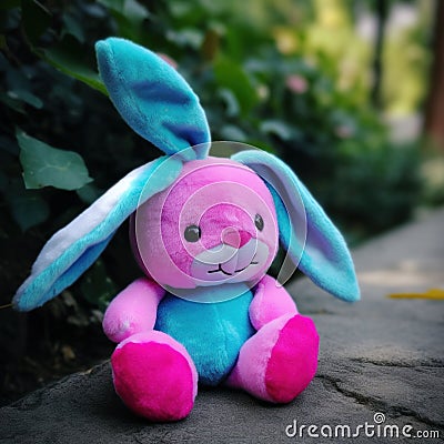 A pink and blue stuffed rabbit sitting on a rock. Generative AI image. Stock Photo