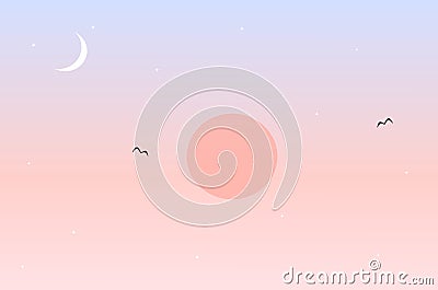 Pink and blue sunset landscape with sun moon and stars background illustration Cartoon Illustration