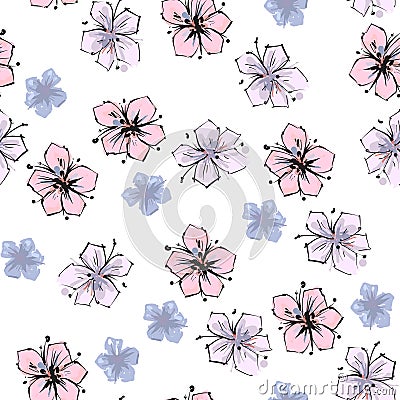 Pink and blue tender spring flowers , floral seamless pattern on white background Vector Illustration