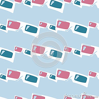 Pink and blue tones 3D glasses silouettes seamless pattern. Lighr soft blue background. Simple cinema backdrop Cartoon Illustration