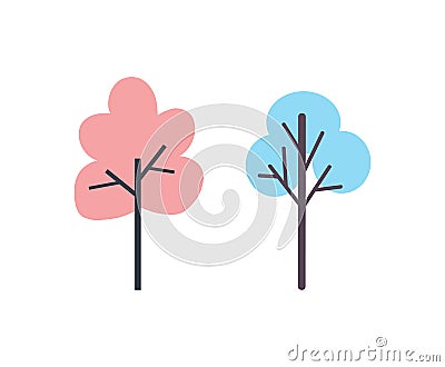 Pink and Blue Tree Icons Vector Silhouettes Plants Vector Illustration