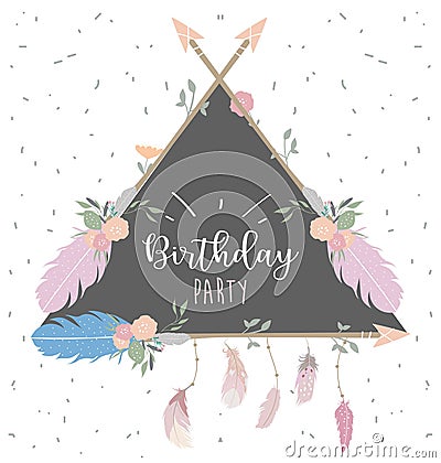 Pink blue triangle invitation card with feather,flower,leaf,arrow and frame Vector Illustration