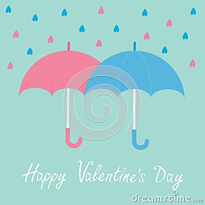 Pink and blue umbrellas. Rain in shape of hearts. Vector Illustration