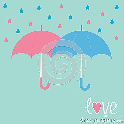 Pink and blue umbrellas. Rain in shape of hearts. Vector Illustration