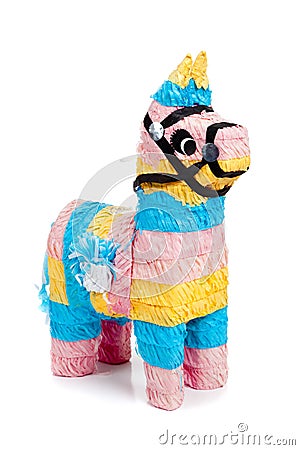 Pink, blue and yellow burro pinata on white Stock Photo