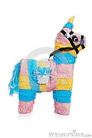 Pink, blue and yellow burro pinata on white Stock Photo