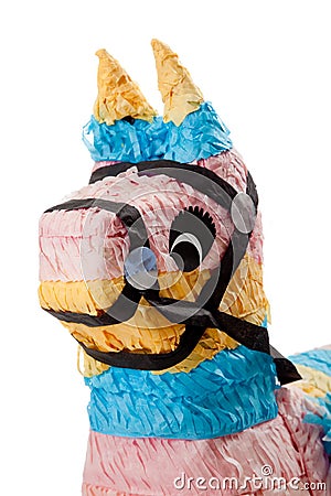 Pink, blue and yellow burro pinata on white Stock Photo