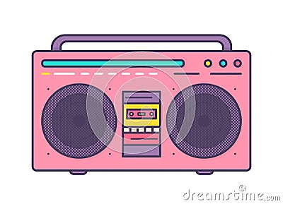 Pink boombox, portable music player with integrated loudspeakers, carrying handle and cassette recorder isolated on Vector Illustration
